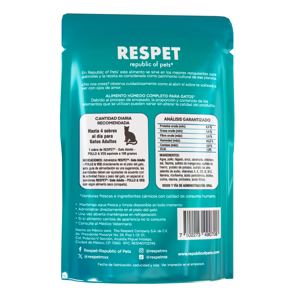 RESPET Sobre alimento húmedo para gato Adulto sabor Pollo y Vegetales - 100 g