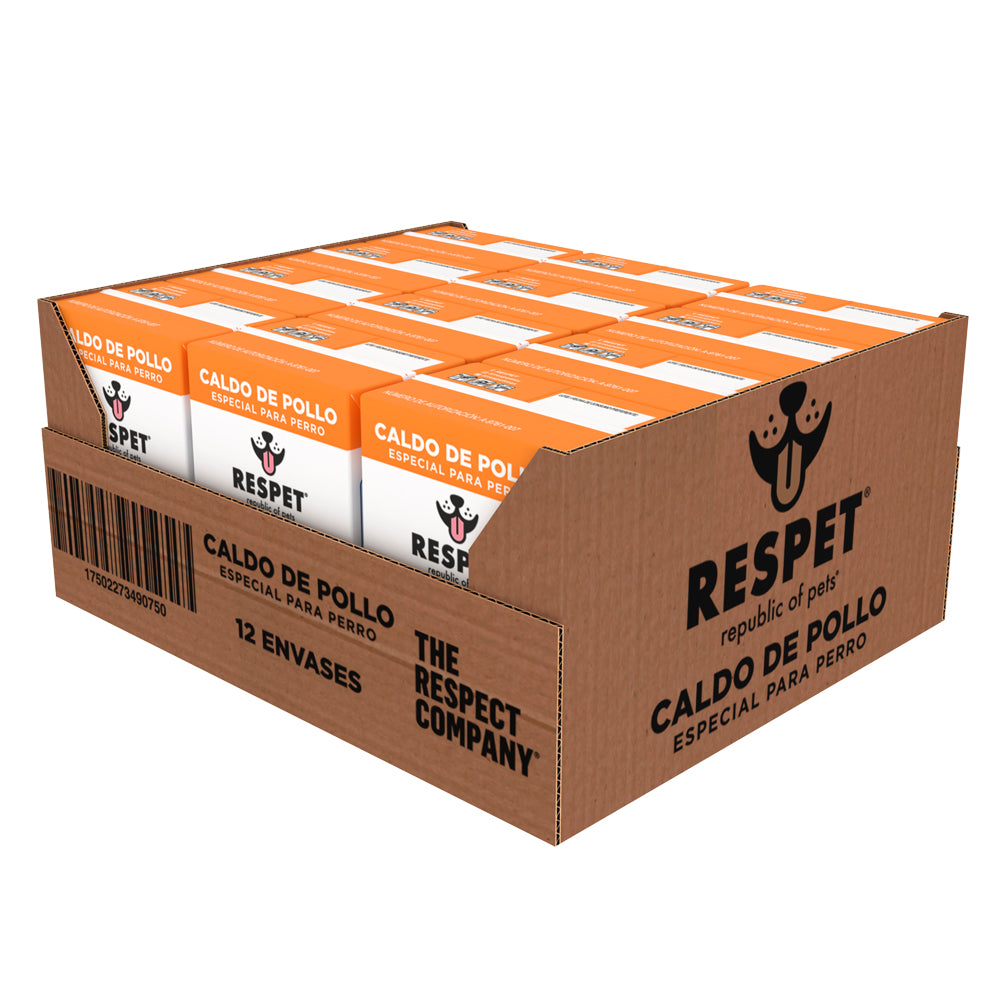 Caldo de Pollo especial para Perro RESPET | Natural, Sin Ajo, sin Cebolla | Hidratación con electrolitos naturales | 200ml | Todas las Razas