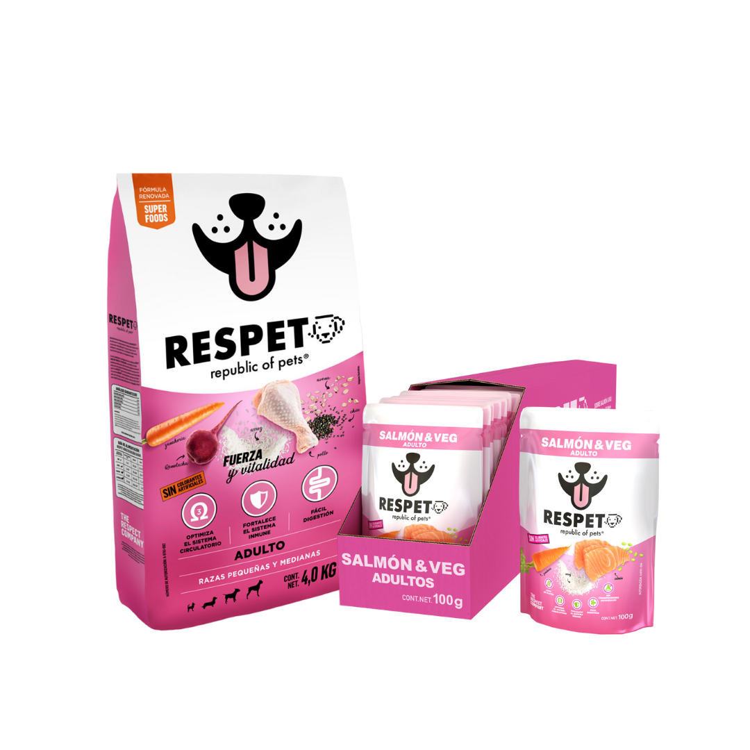 Pack Alimento RESPET 4kg + Caja 30 sobres Salmón & Veg - 100 g
