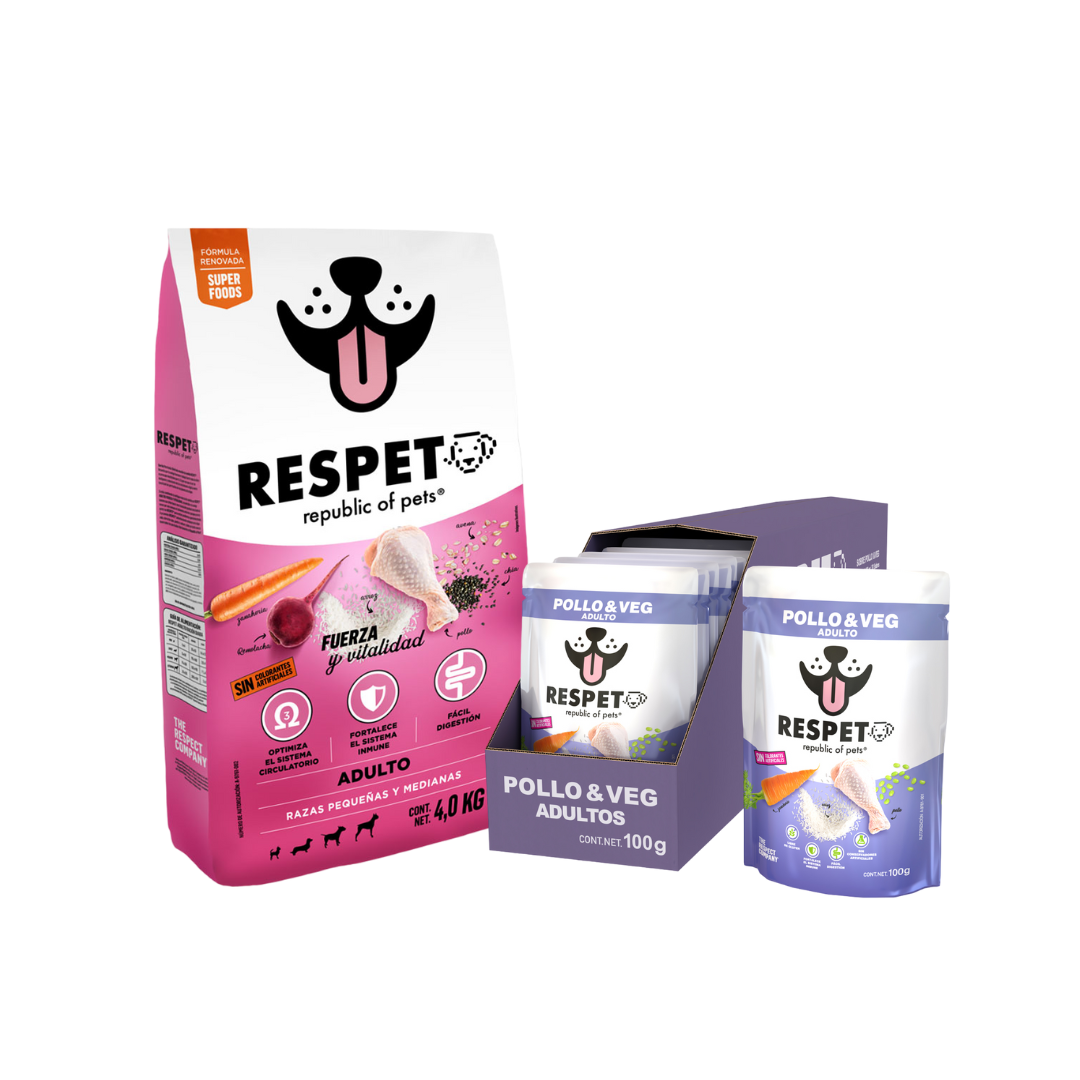Pack Alimento RESPET 4kg + Caja 30 sobres Pollo & Veg - 100 g