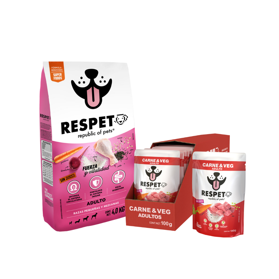 Pack Alimento RESPET 4kg + Caja 30 sobres Carne & Veg - 100 g