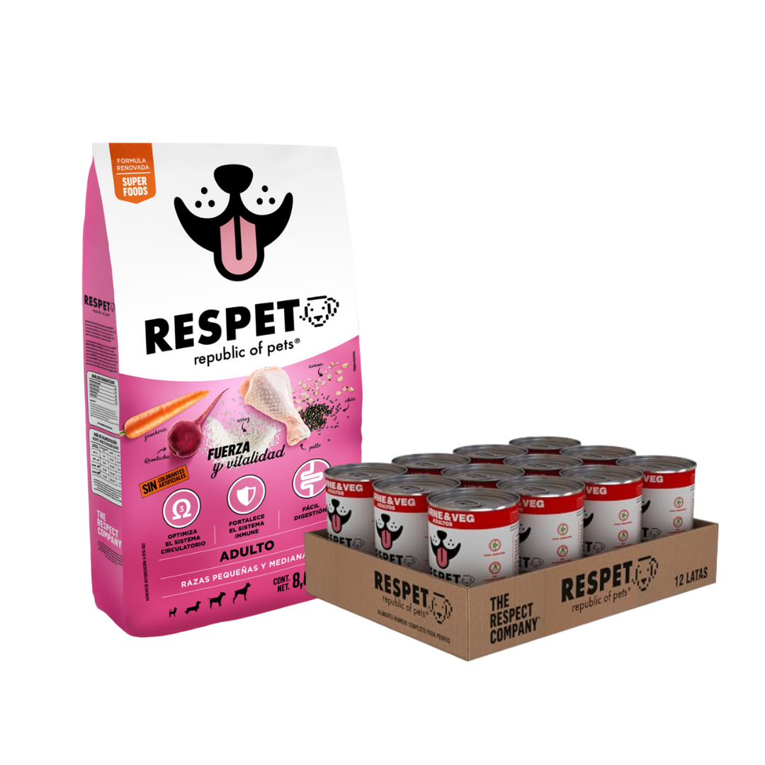 Pack Alimento RESPET 8kg + Caja 12 latas Carne & Veg - 410 g
