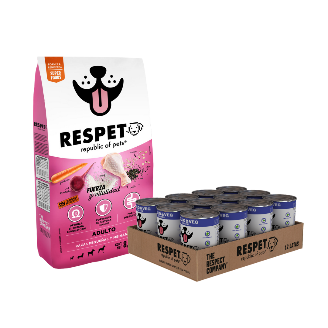 Pack Alimento RESPET 8kg + Caja 12 latas Pollo & Veg - 410 g