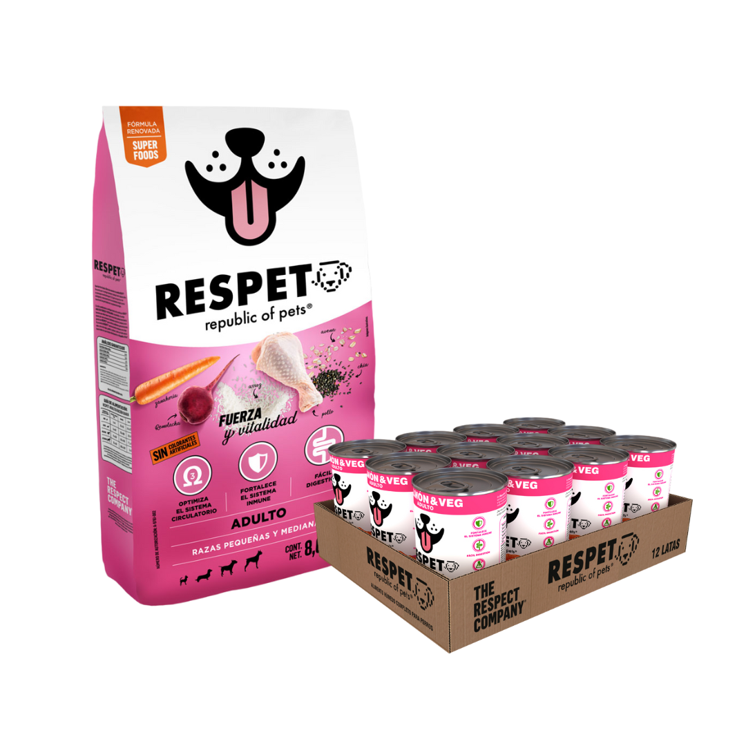 Pack Alimento RESPET 8kg + Caja 12 latas Salmón & Veg - 410 g