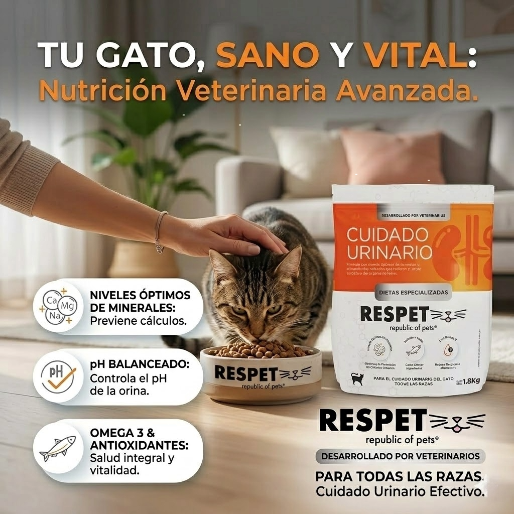RESPET Alimento Dietas Especializadas para Cuidado Urinario de Gato Croquetas Todas las Razas Salmón y Pollo pH Balanceado y Prevención de Cálculos. Bolsa de 1.8 kg