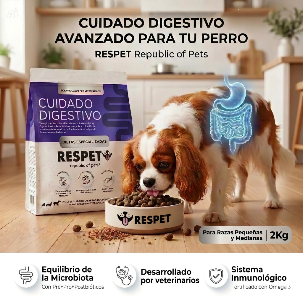 RESPET Alimento Dietas Especializadas para Cuidado Digestivo de Perro, Croquetas Todas las Razas Salmón y Pollo con Prebióticos, Probióticos y Postbióticos. Bolsa de 2 kg