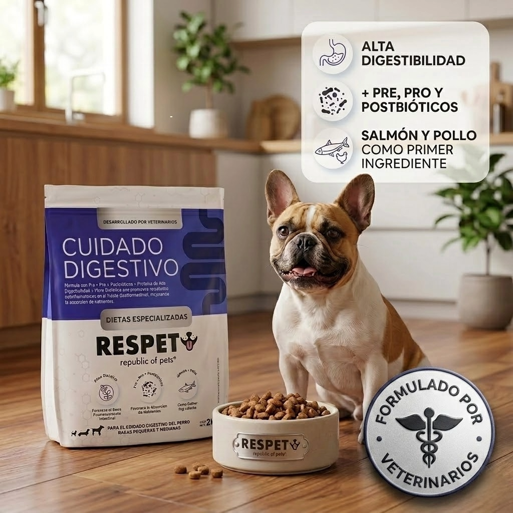RESPET Alimento Dietas Especializadas para Cuidado Digestivo de Perro, Croquetas Todas las Razas Salmón y Pollo con Prebióticos, Probióticos y Postbióticos. Bolsa de 2 kg