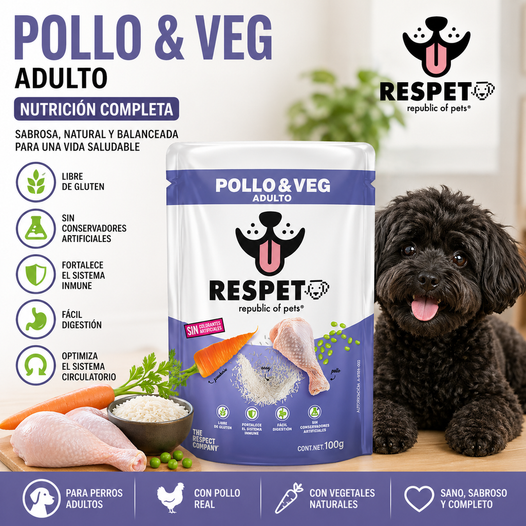 RESPET Alimento Húmedo para Perro Adulto Pollo y Vegetales Sobres 100 g