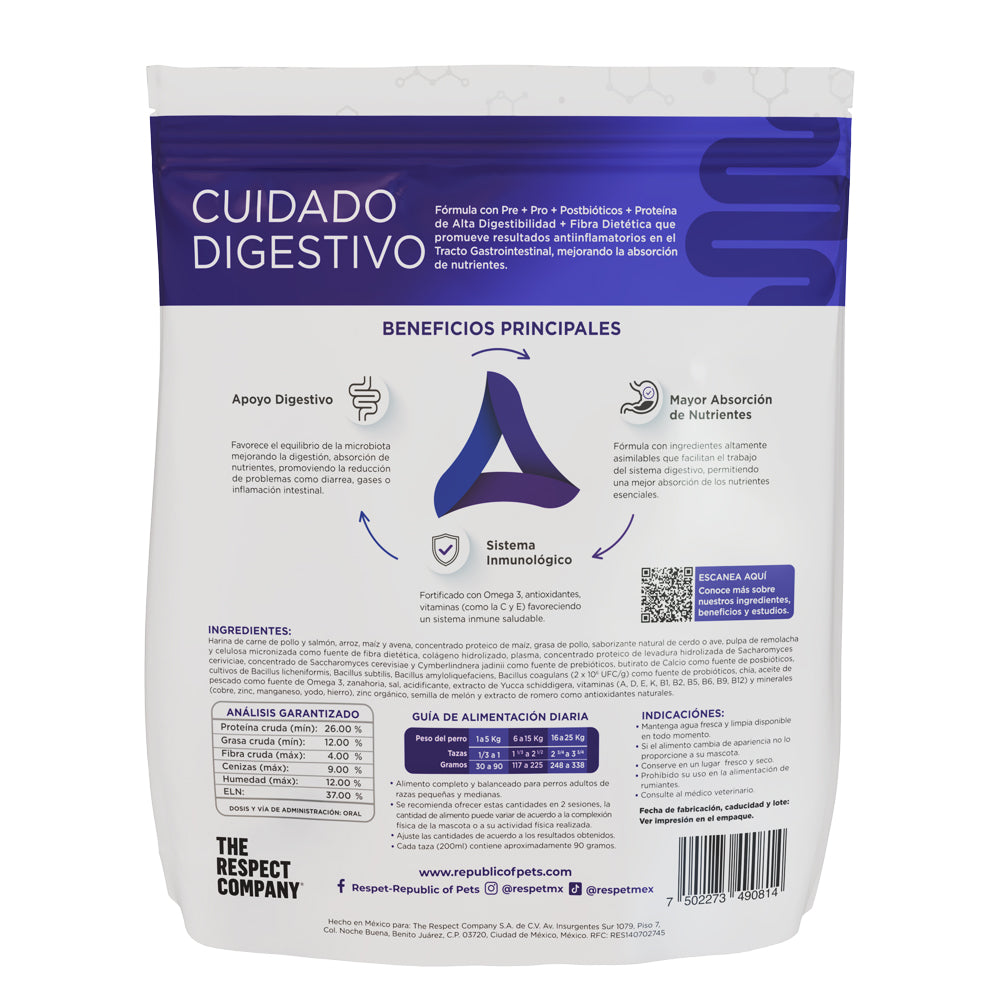 RESPET Alimento Dietas Especializadas para Cuidado Digestivo de Perro, Croquetas Todas las Razas Salmón y Pollo con Prebióticos, Probióticos y Postbióticos. Bolsa de 2 kg
