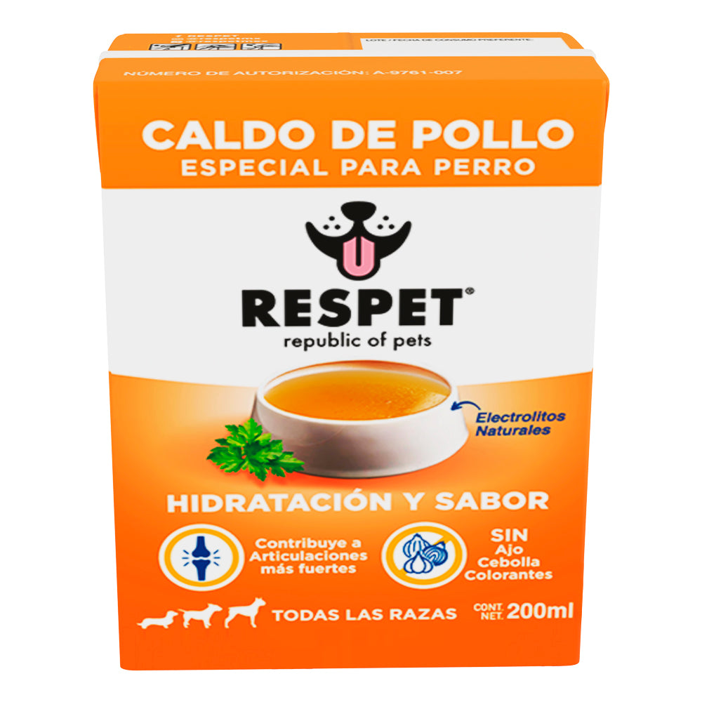 Caldo de Pollo especial para Perro RESPET | Natural, Sin Ajo, sin Cebolla | Hidratación con electrolitos naturales | 200ml | Todas las Razas