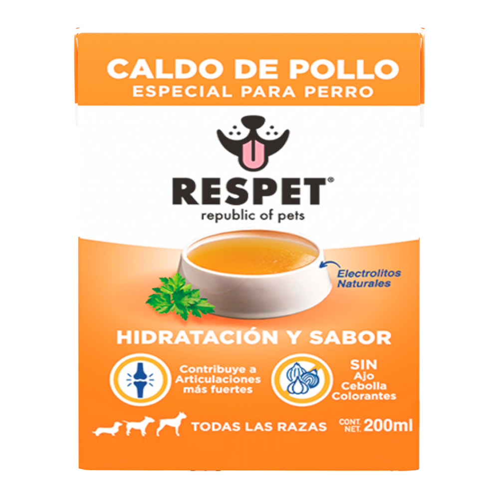 Caldo de Pollo especial para Perro RESPET | Natural, Sin Ajo, sin Cebolla | Hidratación con electrolitos naturales | 200ml | Todas las Razas