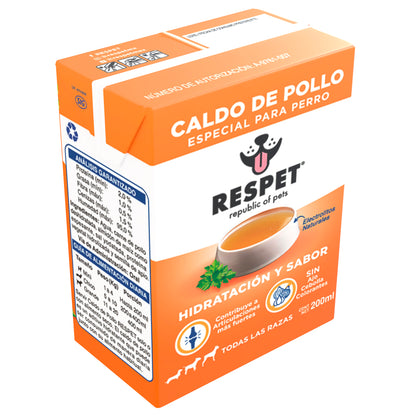Caldo de Pollo especial para Perro RESPET | Natural, Sin Ajo, sin Cebolla | Hidratación con electrolitos naturales | 200ml | Todas las Razas