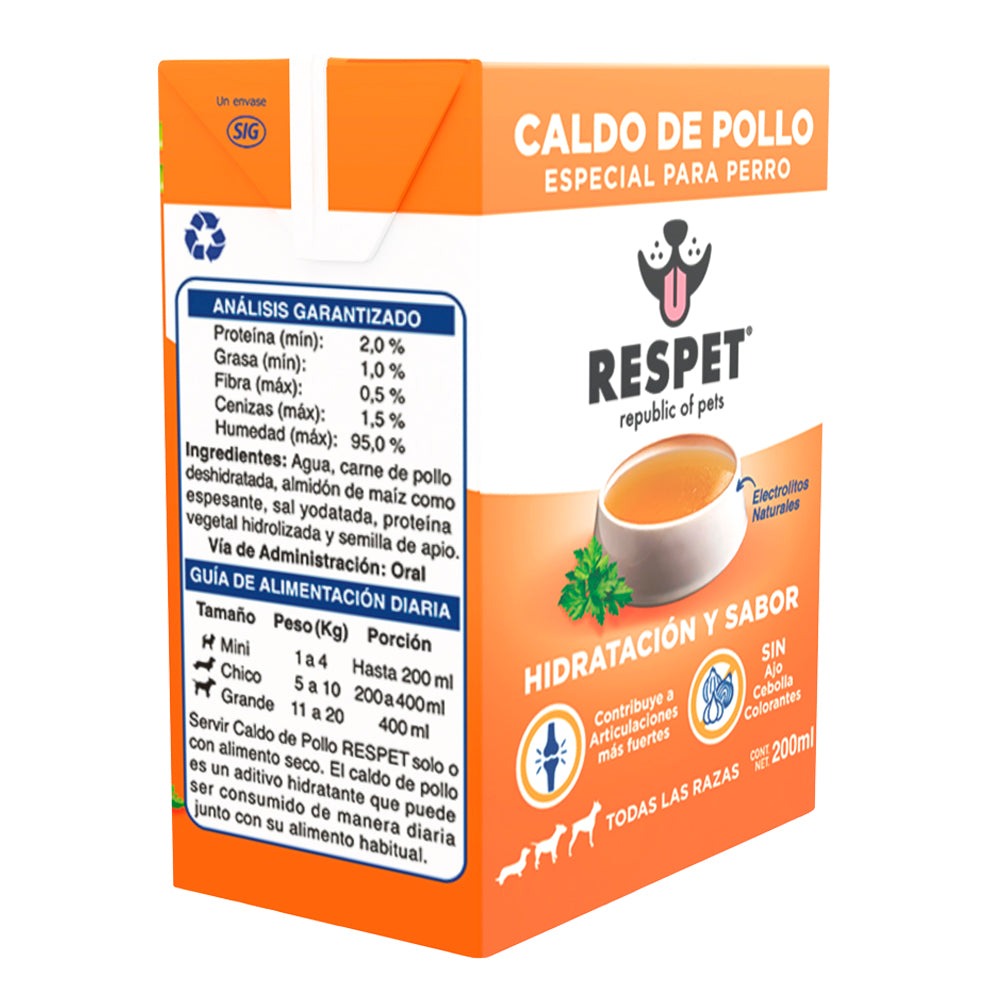 Caldo de Pollo especial para Perro RESPET | Natural, Sin Ajo, sin Cebolla | Hidratación con electrolitos naturales | 200ml | Todas las Razas