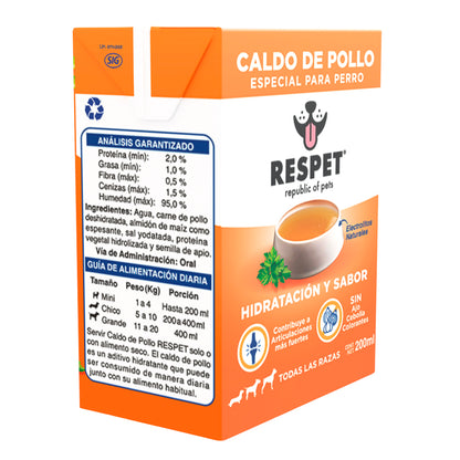 Caldo de Pollo especial para Perro RESPET | Natural, Sin Ajo, sin Cebolla | Hidratación con electrolitos naturales | 200ml | Todas las Razas