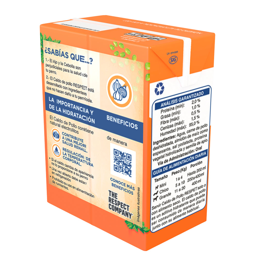 Caldo de Pollo especial para Perro RESPET | Natural, Sin Ajo, sin Cebolla | Hidratación con electrolitos naturales | 200ml | Todas las Razas