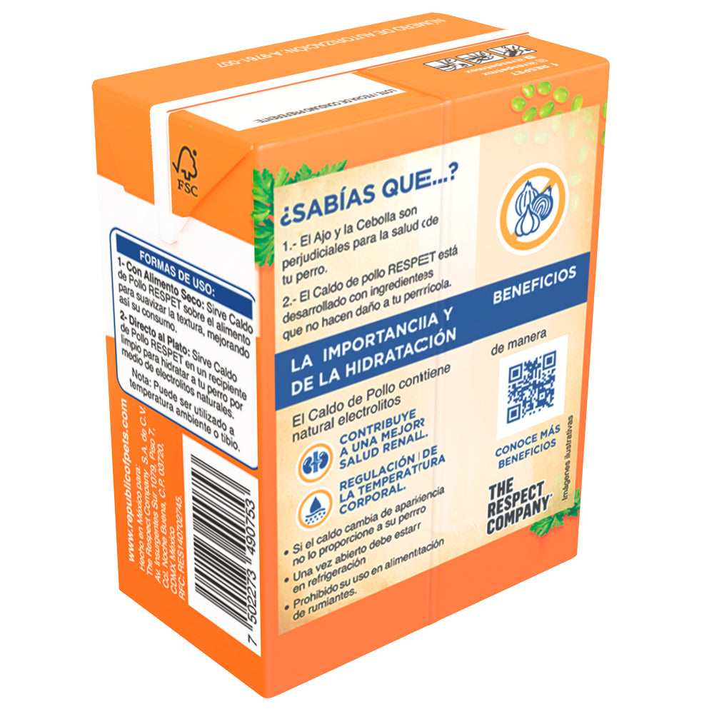 Caldo de Pollo especial para Perro RESPET | Natural, Sin Ajo, sin Cebolla | Hidratación con electrolitos naturales | 200ml | Todas las Razas