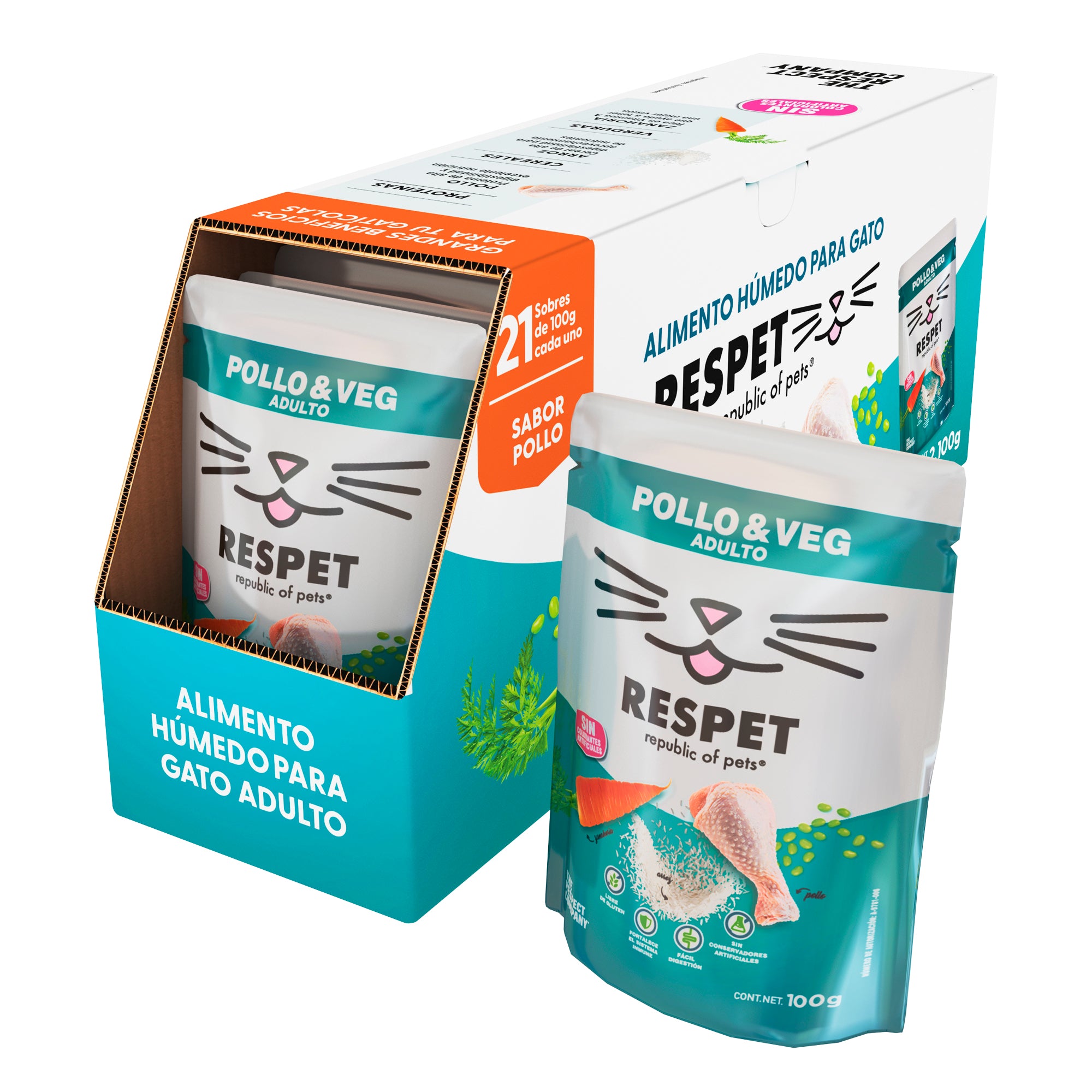 RESPET Alimento Húmedo para Gatos Pollo y Vegetales Sin Gluten Sobres 100 g