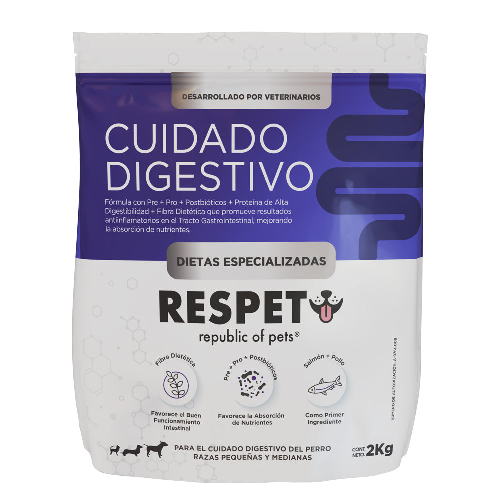 RESPET Alimento Dietas Especializadas para Cuidado Digestivo de Perro, Croquetas Todas las Razas Salmón y Pollo con Prebióticos, Probióticos y Postbióticos. Bolsa de 2 kg