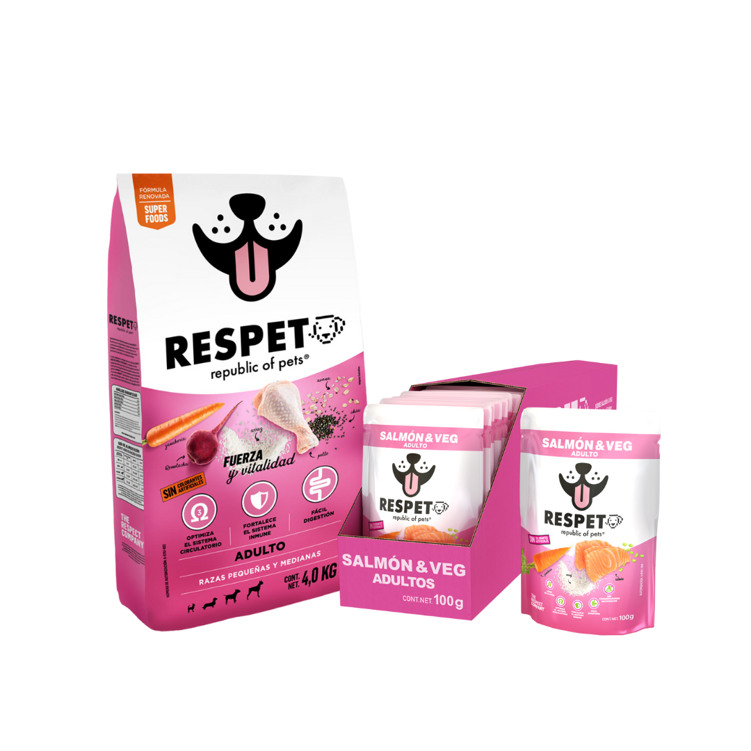 Pack Alimento RESPET 4kg + Caja 30 sobres Salmón &amp; Veg - 100 g