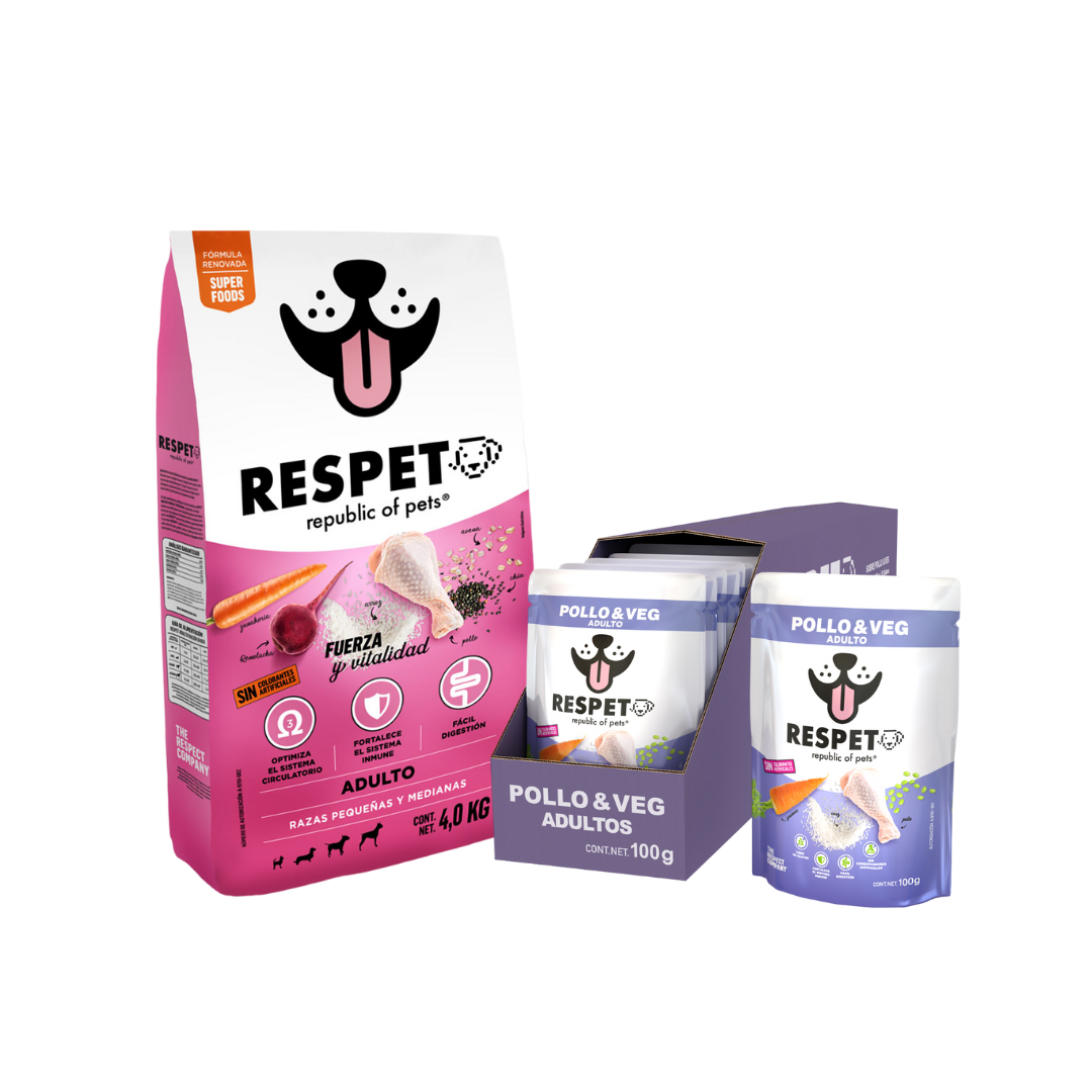 Pack Alimento RESPET 4kg + Caja 30 sobres Pollo &amp; Veg - 100 g