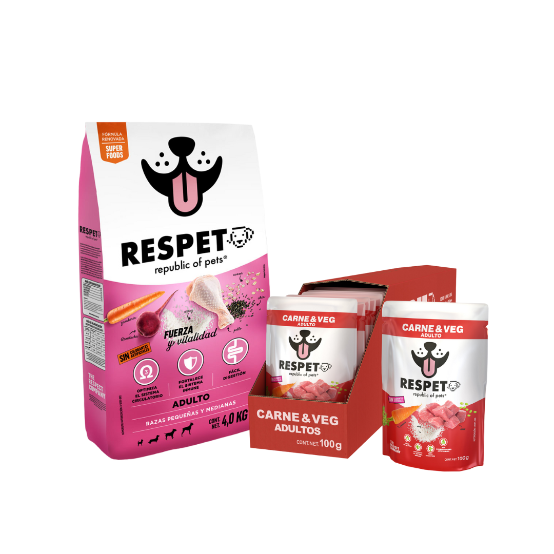 Pack Alimento RESPET 4kg + Caja 30 sobres Carne &amp; Veg - 100 g