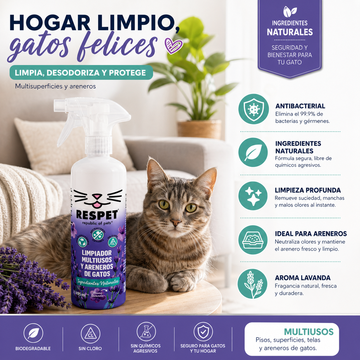 RESPET Limpiador de Arenero de Gato y Multiusos Elimina Olores 495ml No Tóxico