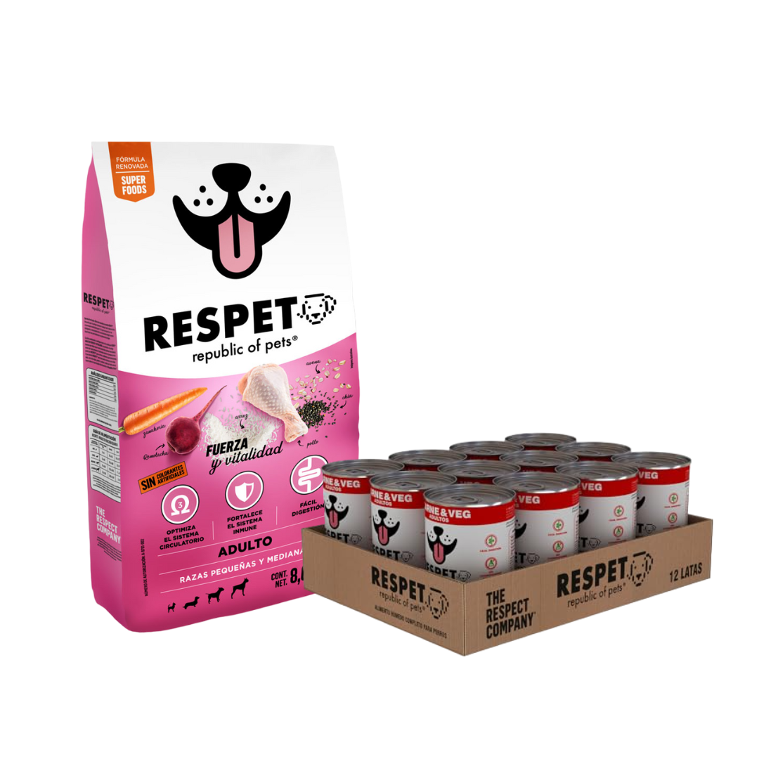 Pack Alimento RESPET 8kg + Caja 12 latas  Carne &amp; Veg - 410 g