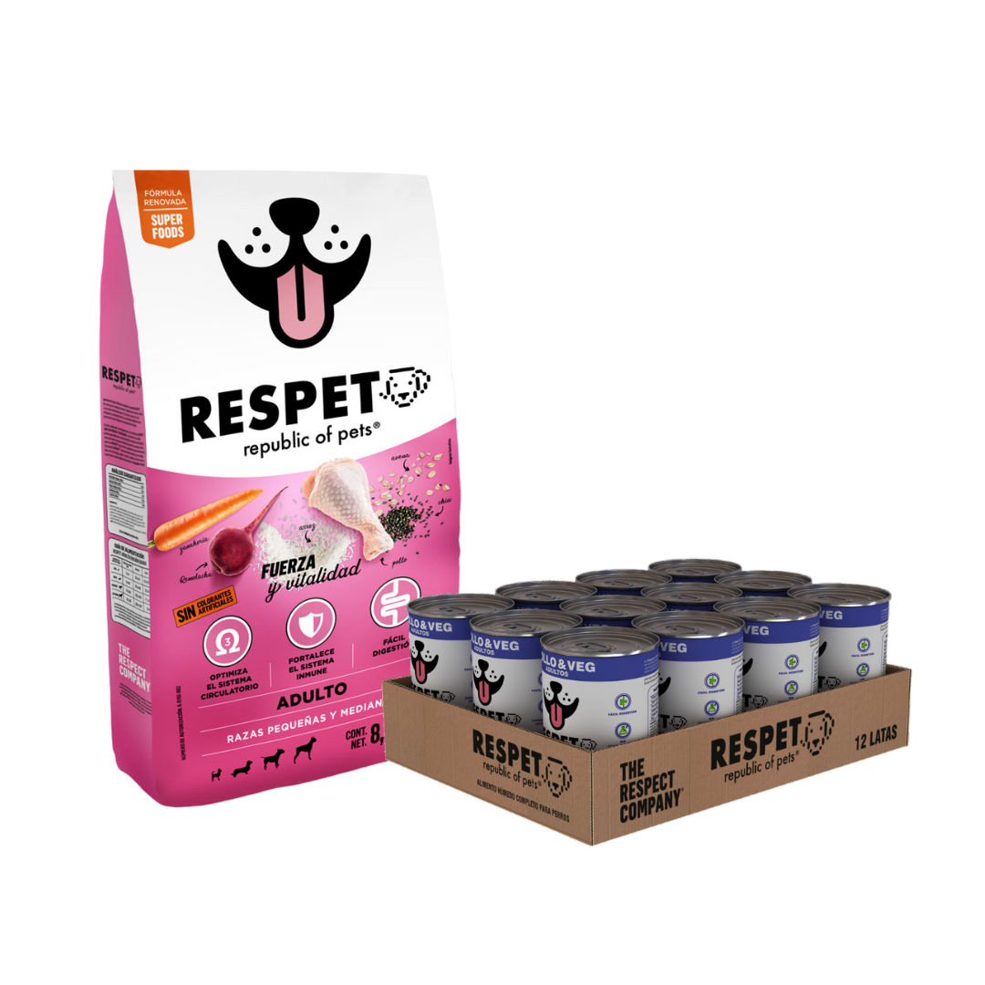 Pack Alimento RESPET 8kg + Caja 12 latas Pollo &amp; Veg - 410 g