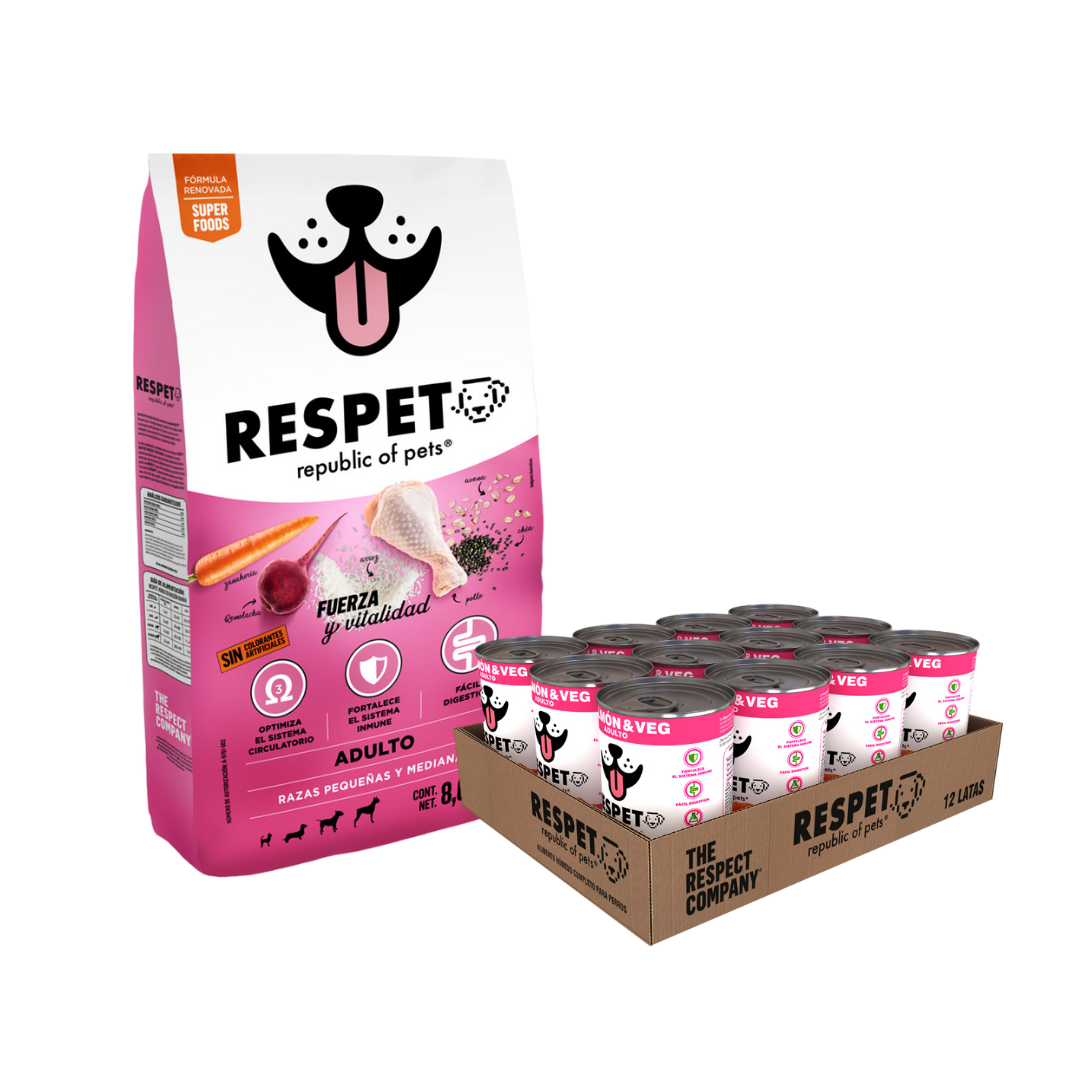 Pack Alimento RESPET 8kg + Caja 12 latas Salmón &amp; Veg - 410 g