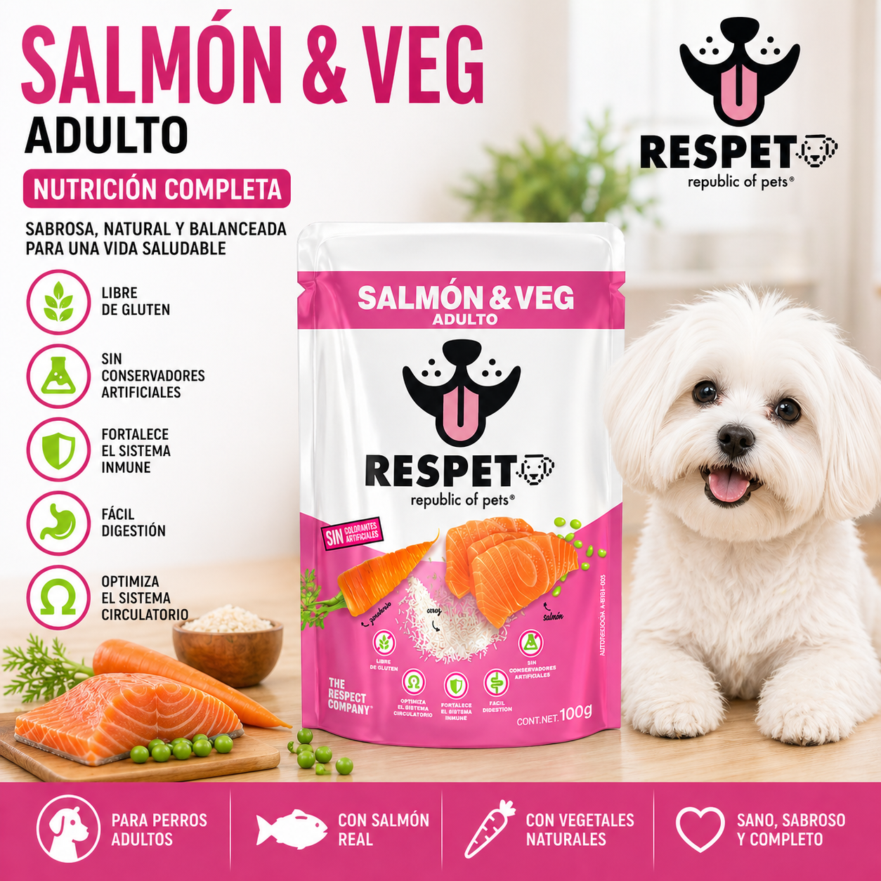 RESPET Alimento Húmedo para Perro Adulto Salmón y Vegetales Sobres 100 g