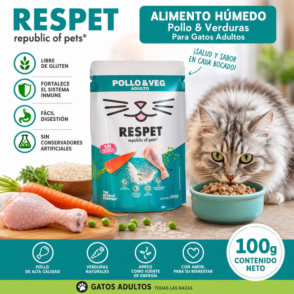 RESPET Alimento Húmedo para Gatos Pollo y Vegetales Sin Gluten Sobres 100 g