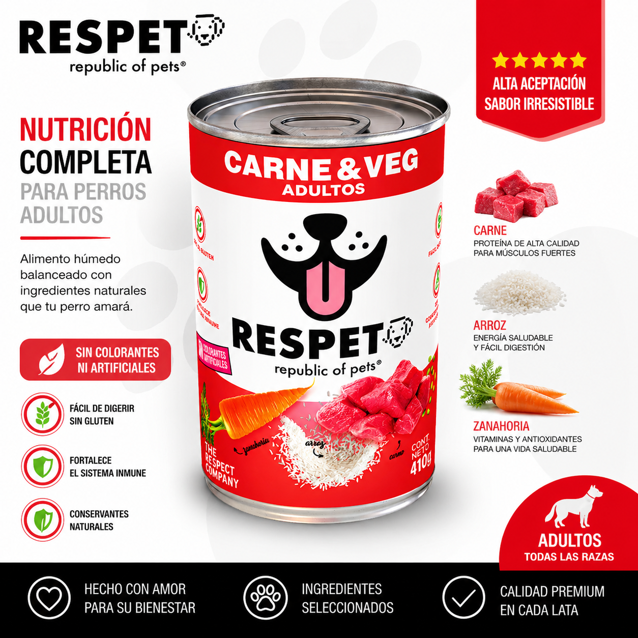 RESPET Alimento Húmedo para Perro Adulto Sabor Carne y Vegetales Lata 410 g