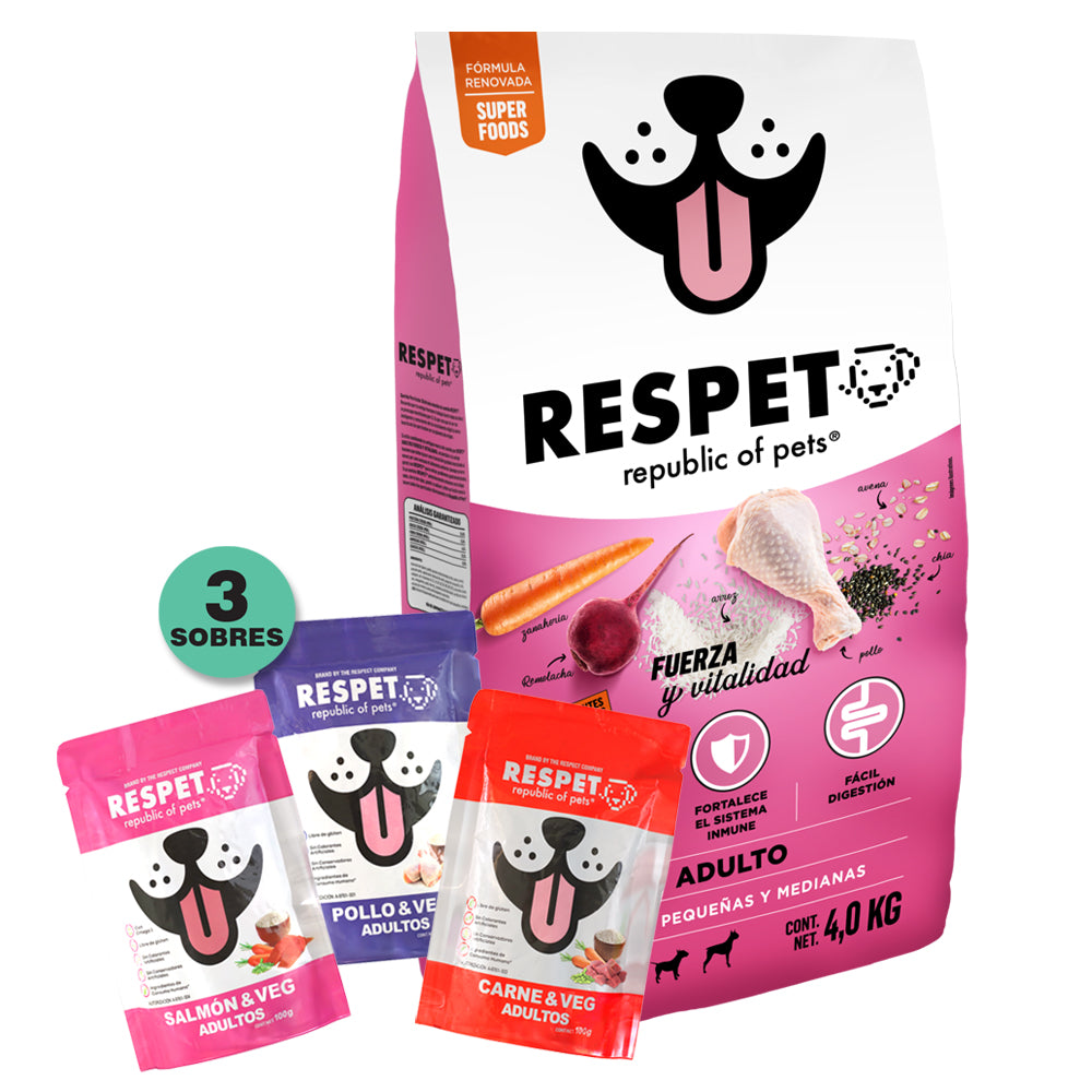 RESPET PACK SOBRES - Croquetas de 4 kilos + 3 Sobres Alimento Húmedo 100g GRATIS